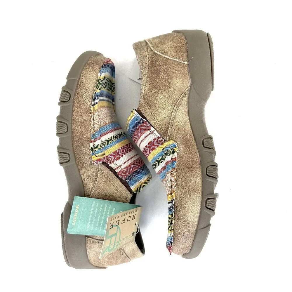 Roper Womens Beige Multi Fabric Johnnie Slip-On Shoes Size 6 Striped Geometric